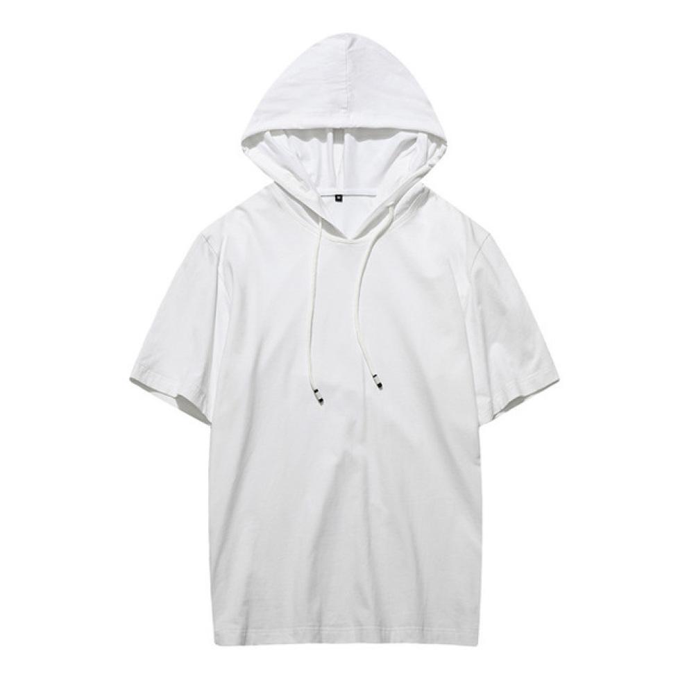 Мужская цельнохлопковая однотонная футболка с короткими рукавами и капюшоном