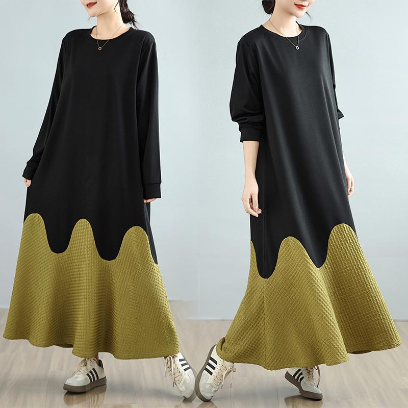 DIMANAF Женское 2025 Весна Большой Размер Повседневное Платье Базовое Свободное Винтажное Длинное Платье Макси Длинный Рукав Новое