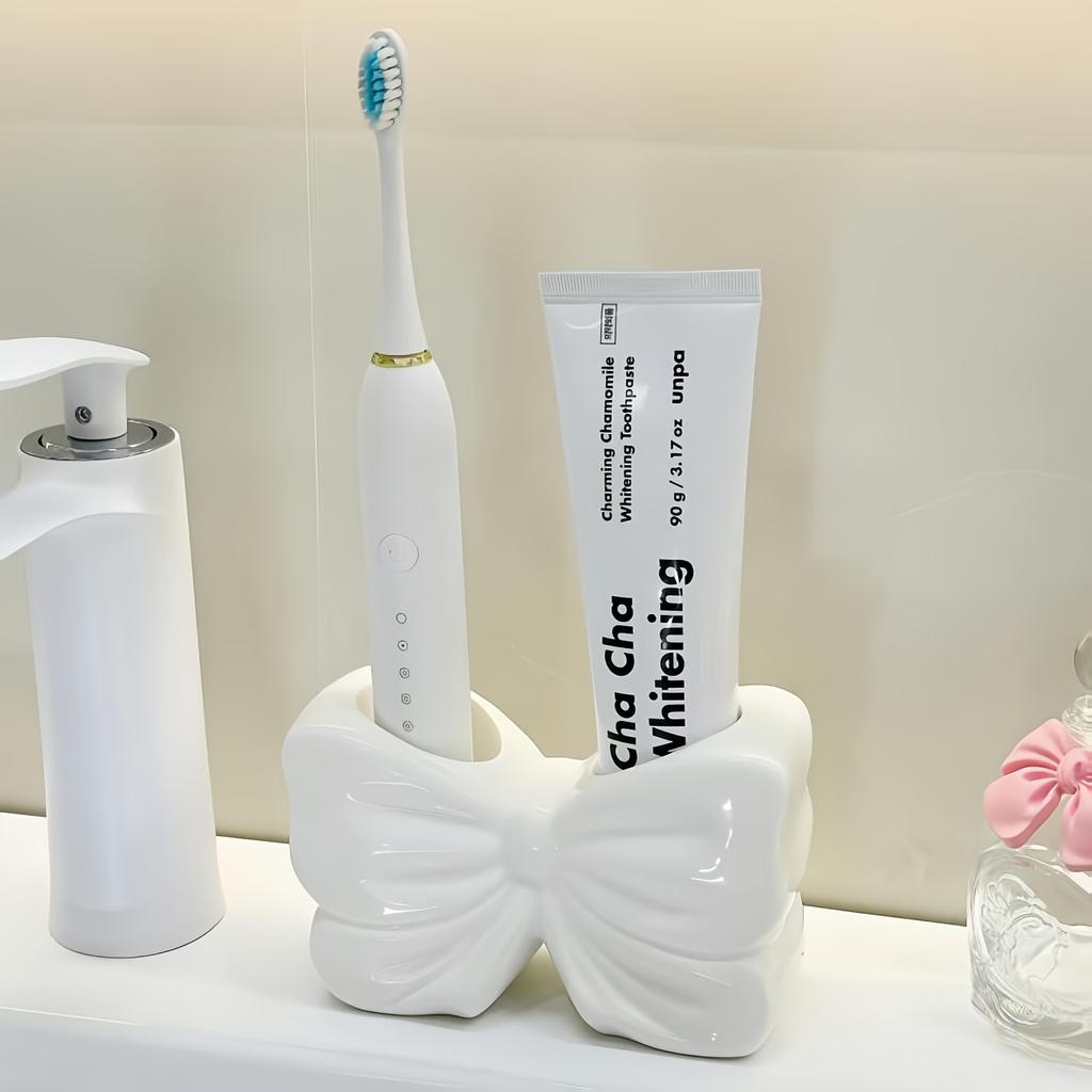 Visually Appealing Ceramic Toothbrush Holder with Bow Design Moisture-Resistant Bathroom Organizer, Freestanding Modern Vanity Decor for Countertop,
