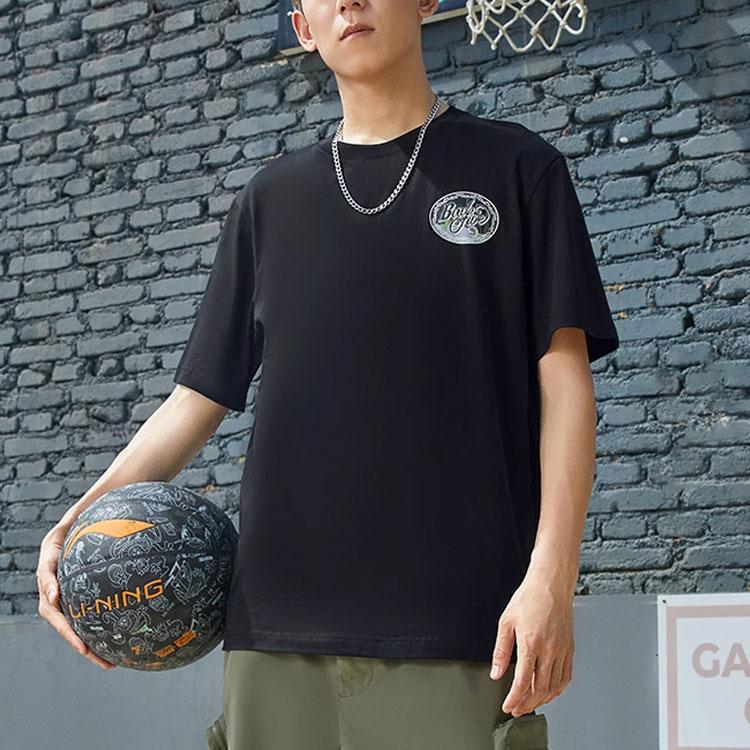 Li-Ning Sports Basketball Series Letter Print Solid Color Crew Neck Pullover Short Sleeve T-Shirt Men Tops Blue Black AHSS739-2