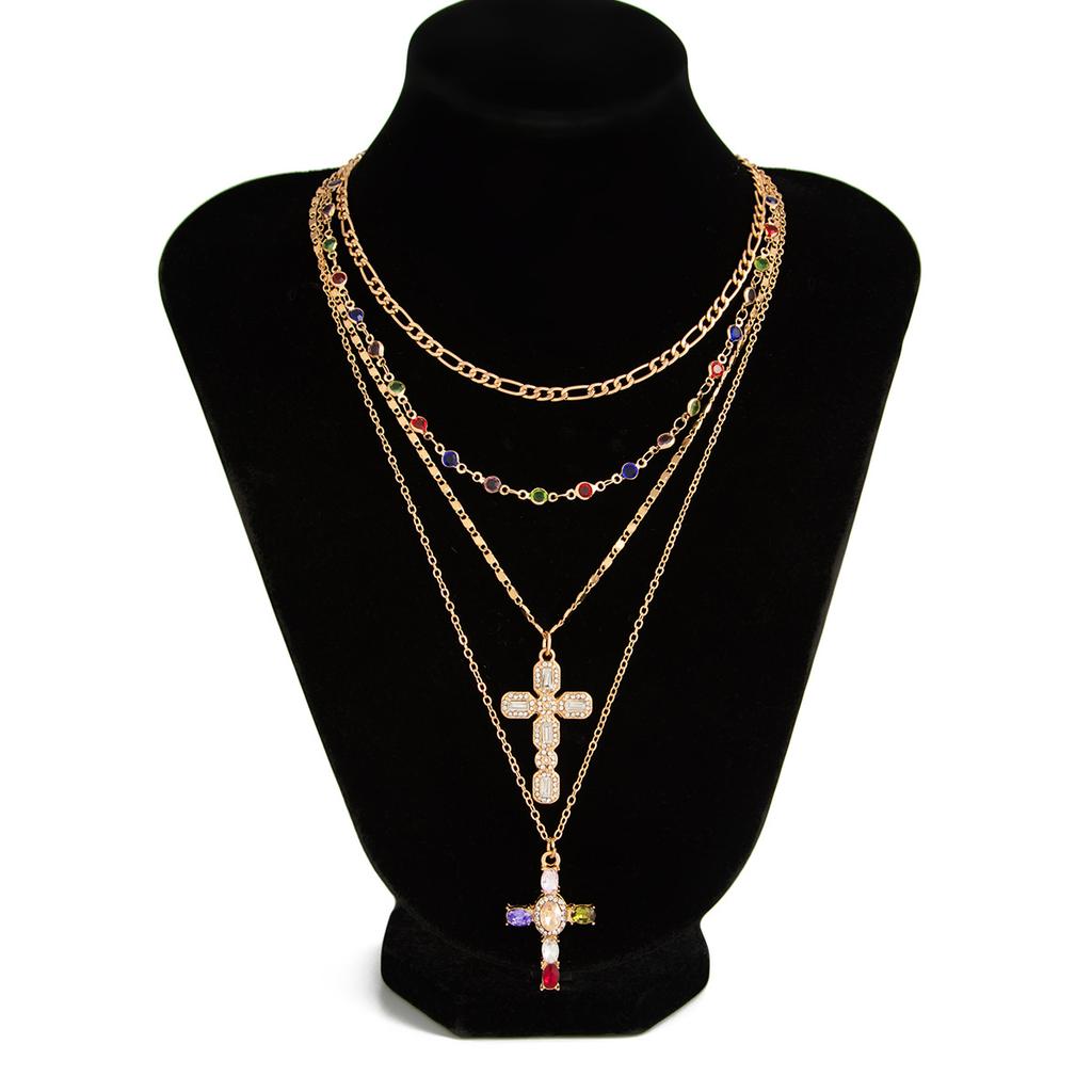 3Pcs/Set Colorful Crystal Cross Pendant Necklace for Men Hip Hop Adjustable Choker Collar Chain Christian Jewelry Accessories