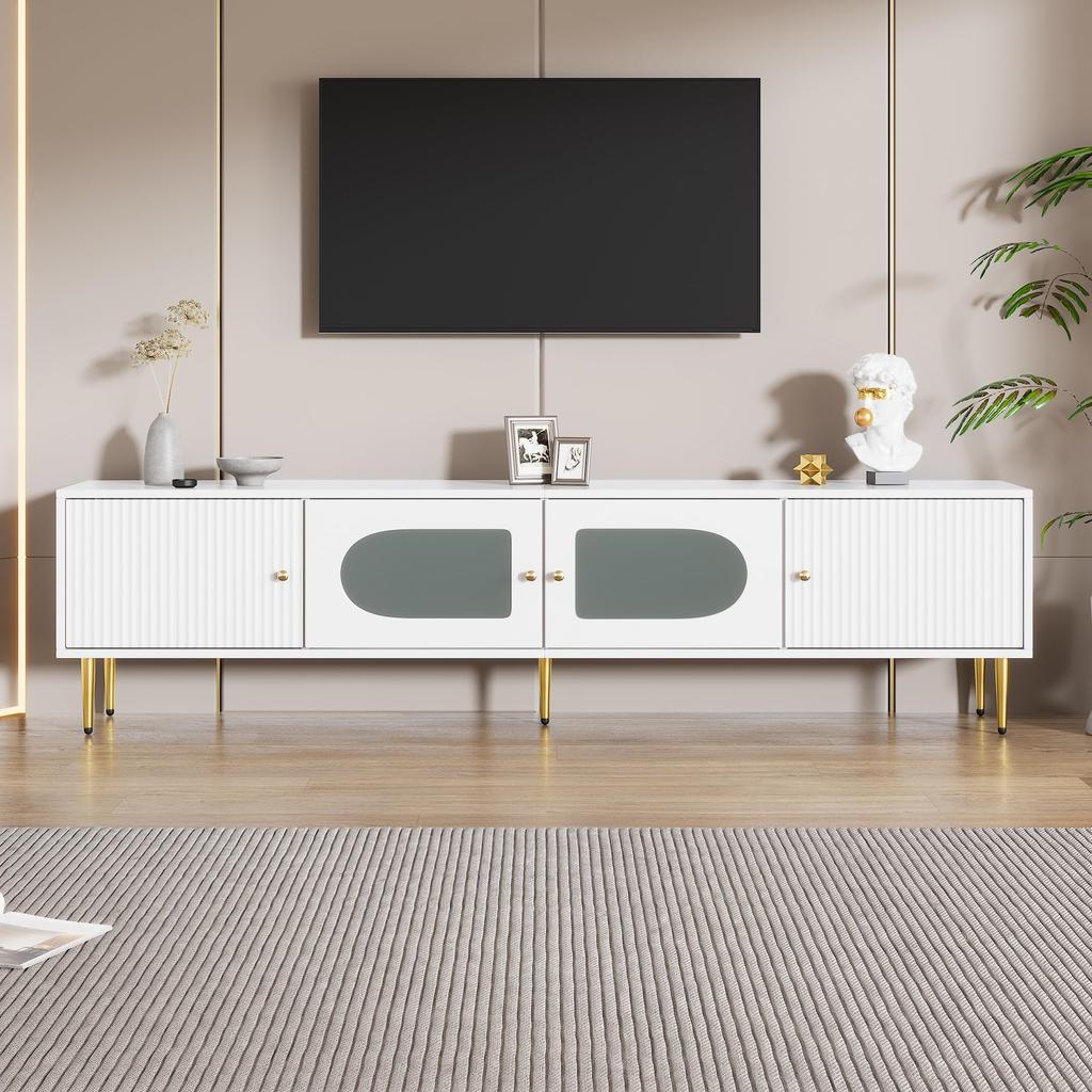 TV Schrank Lowboard 170 cm, 4 Modernes TV Board TV-ständer Mattglastür, Eleganter Fernsehtisch HiFi-Schrank Wohnzimmer Mediamöbel Weiß