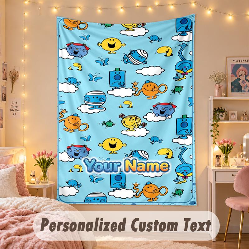 Custom Personalized Tapestry,Mr. Men & Little Miss Print Custom Name Text Wall Art Hanging for Bedroom