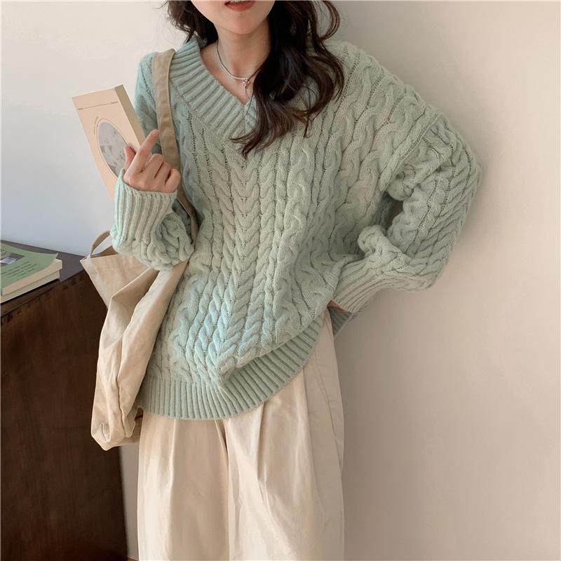 Chic Korean Fashion Oversized Sweaters Pullovers Elegant Vintage V Neck Women Winter Spring