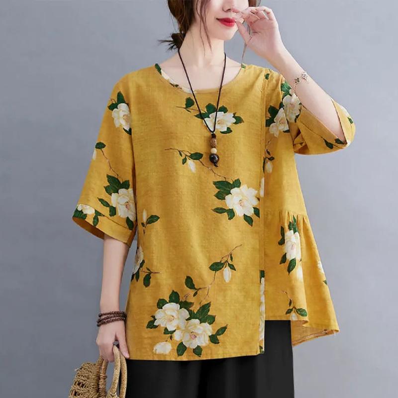 Женская летняя футболка с круглым вырезом и коротким рукавом, свободная и тонкая повседневная хлопково-льняная рубашка с рисунком, блузка для отдыха, топы