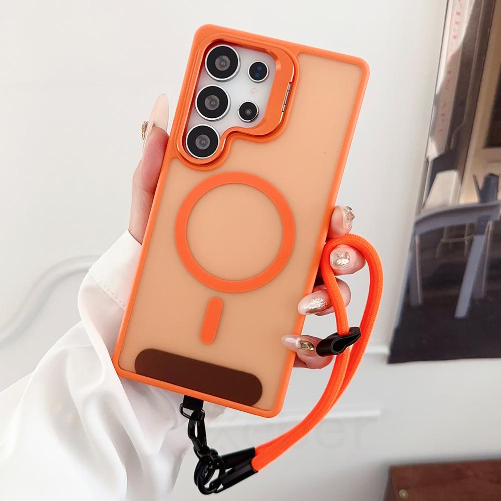 Wrist Strap Lanyard Lens Stand Holder Matte Magnetic Case For Samsung S24 FE S25 Ultra S23 Plus Shockproof Hard Bumper Cover