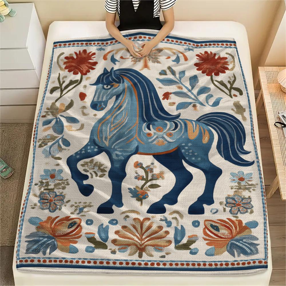 Flower Horse Print Flannel Blanket, High quality Comfortable for All Seasons, Home Decor, Warmth and Comfort, Perfect for Christmas Gifts