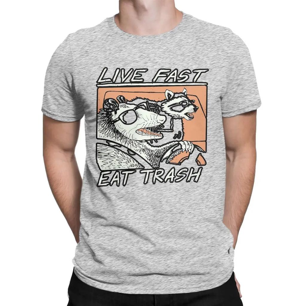 Graphic Raccoon Live Fast Eat Trash Men's T Shirt Casual Tee Shirt Short Sleeve Round Neck T-Shirt Cotton 4XL Clothes