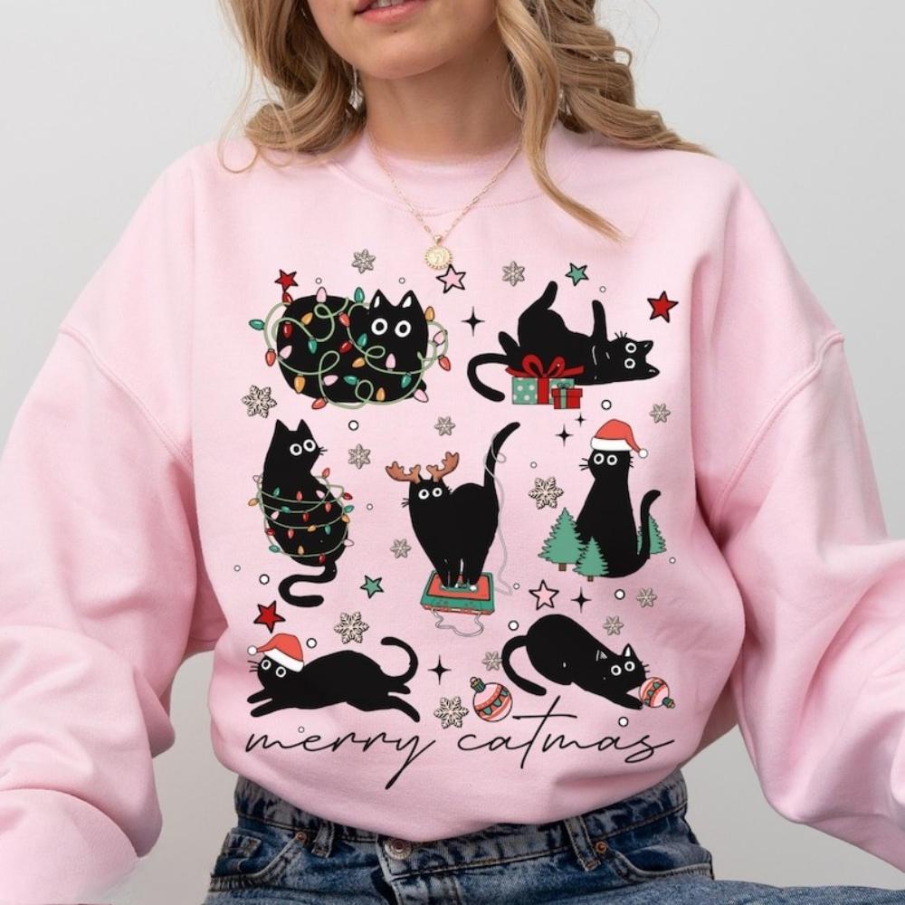 Christmas Cat Sweatshirt Catmas Meow Christmas Tree Light Its Fine Holiday Clothing Funny Cute Kitty Xmas Crewneck Women Tops