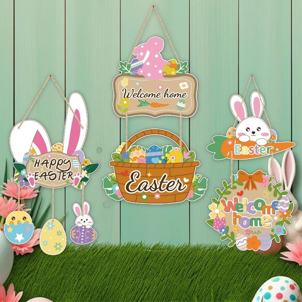 Cartoon Easter Welcome Sign Paper Bunny Egg Decor Easter Hanging Ornament Party Decoration
