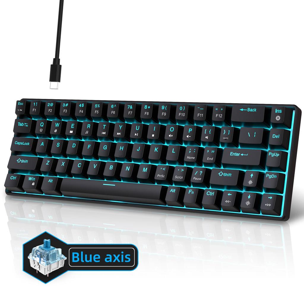 68-Key Wired Mechanical Gaming Keyboard with Hot-Swappable Blue Switches, Two-Color Keycaps, and Ice Blue Lighting