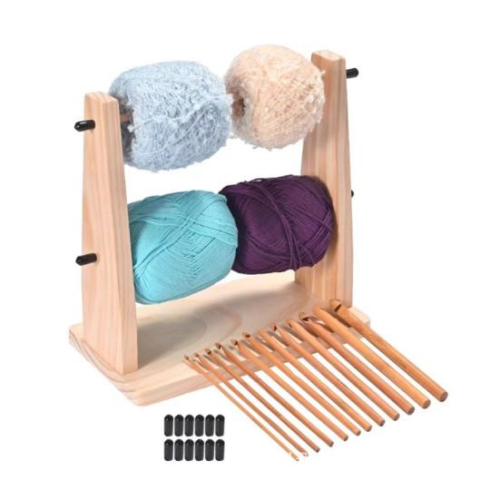 Wooden Yarn Holder Horizontal Yarn Ball Holder Double Revolving Yarn Storage Organizer