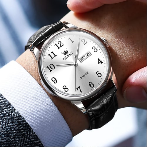 Мужские часы OLEVS, Простые и стильные, Водонепроницаемые, Аналоговые, Ремешок из черной кожи, Деловые часы, Легко читаемые, Отображение даты, Кварцевый механизм, Идеальные G