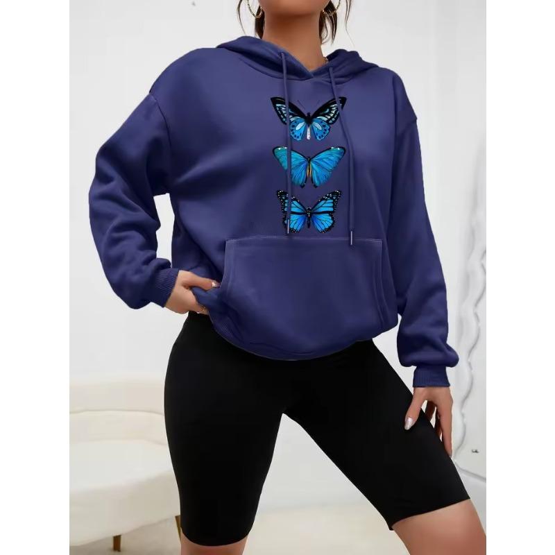 Creative Butterfly Design Print Women Hoodie New Street Casual Sweatshirt Fashion Fleece Hoody Pocket Comfortable Female Tops