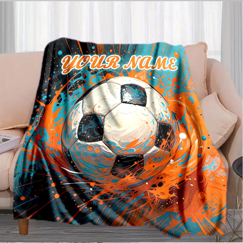 1PC Custom Name Soccer Ball Splash Art flannel blanket versatile,all-season throw suitable for the living room,bedroom,camping,travel,and gift
