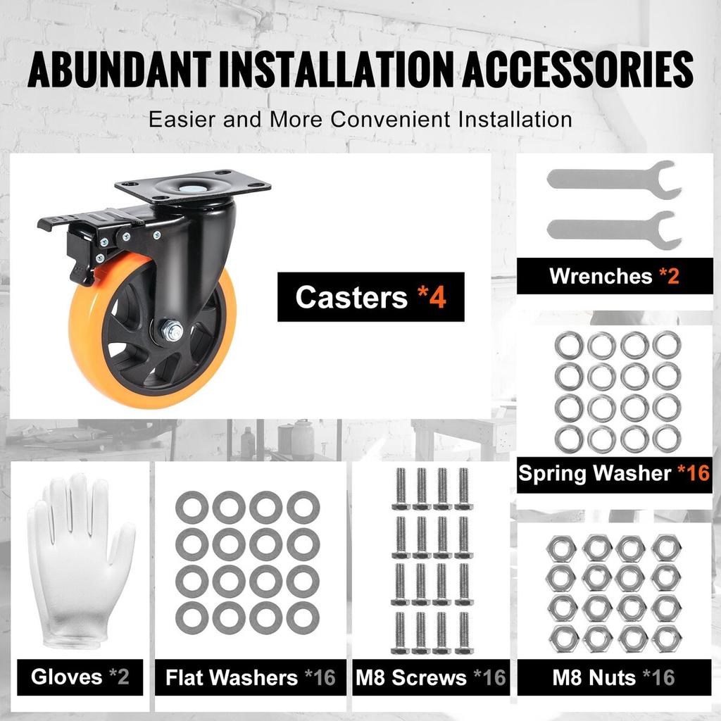 Caster Wheels, 5-inch Swivel Plate Casters, Set of 4, with Security A/B Locking No Noise PVC Wheels, Heavy Duty 450 lbs Load Capacity Per Caster,