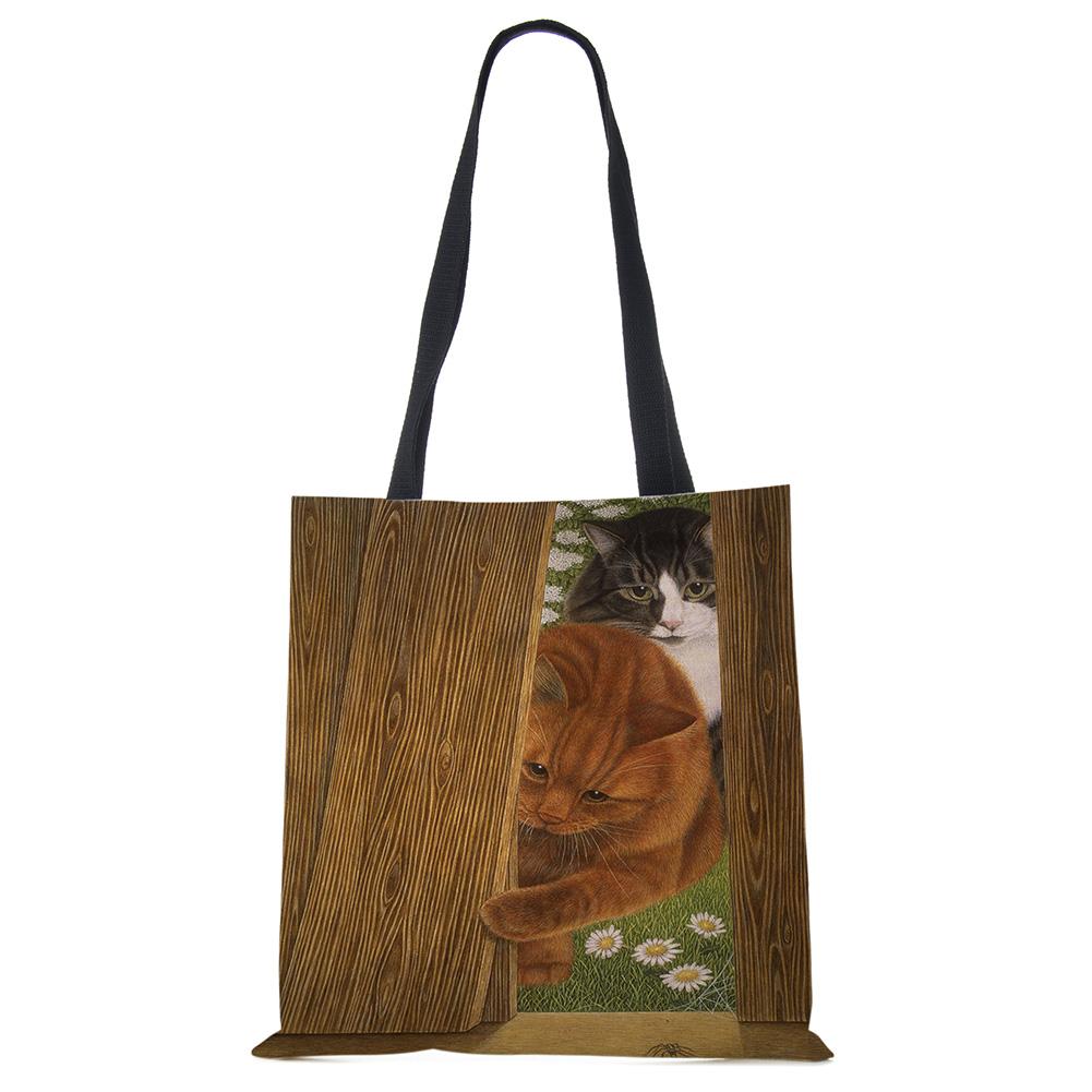 Cute Cat Flower Painting Print Womens Designer Tote Bags Women Handbag Large Shopping Bag Foldable For Groceries CLE