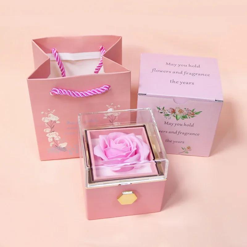 1PC Rotating Eternal Rose Flower Jewelry Box Ring Earrings Necklace Storage Boxes Wedding Valentine's Day Gift Boxes for Lovers