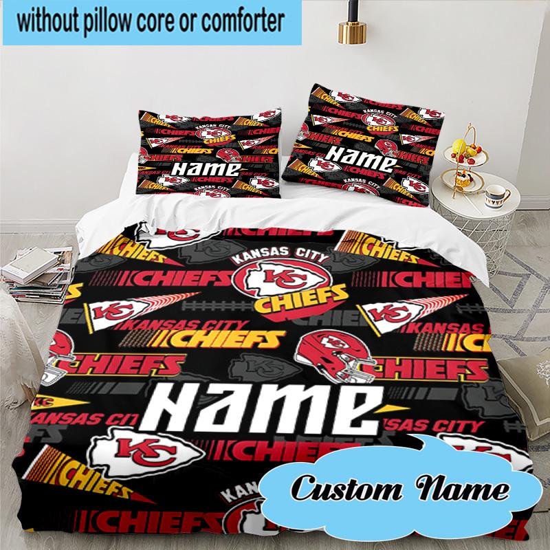 3PCS Custom Name Kansas Chiefs Bedding Set, Including 1pc Duvet Cover And 2pcs Pillowcases, Suitable for dorms and bedrooms Gift