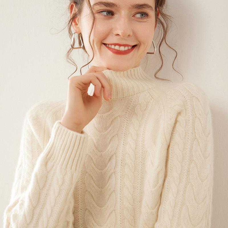 Женский приталенный кашемировый свитер-пуловер крупной вязки на осень/зиму