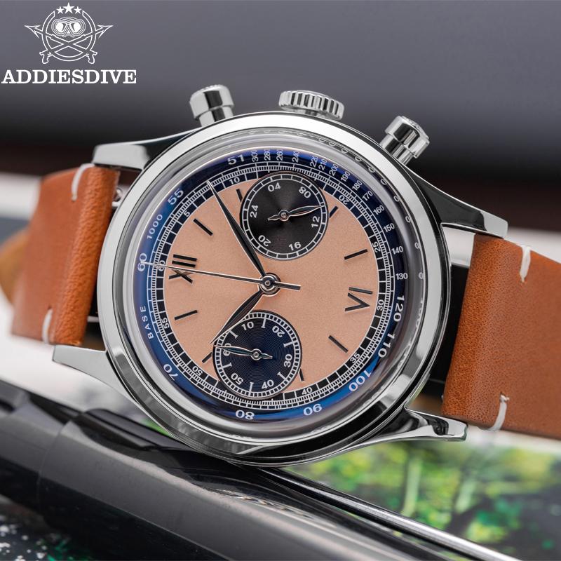 ADDIESDIVE 38mm Business Chronograph Watch Retro Leather 100m Diving VK64 NEW Men's Quartz Wristwatch Fashion Black Dial Watches
