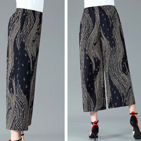 WTEMPO Женские широкие брюки из смеси хлопка и конопли большого размера, тонкие укороченные брюки с высокой талией и эластичным принтом для мамы