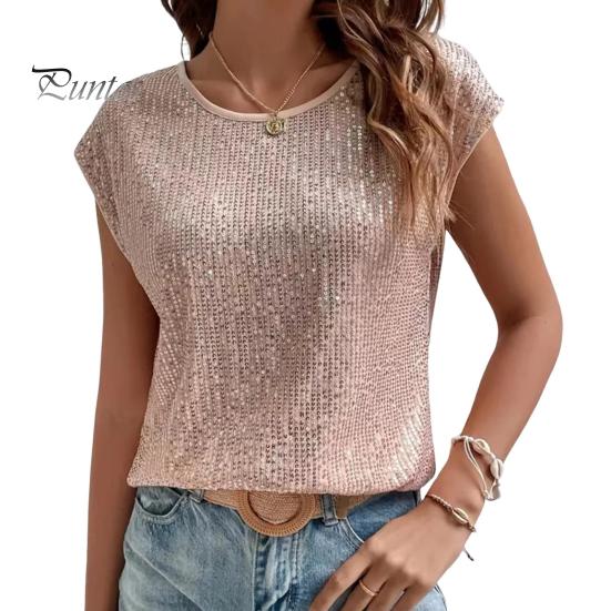Женская футболка с круглым вырезом без рукавов свободного кроя футболка с блестящими пайетками повседневные футболки стандартного кроя топ повседневная одежда