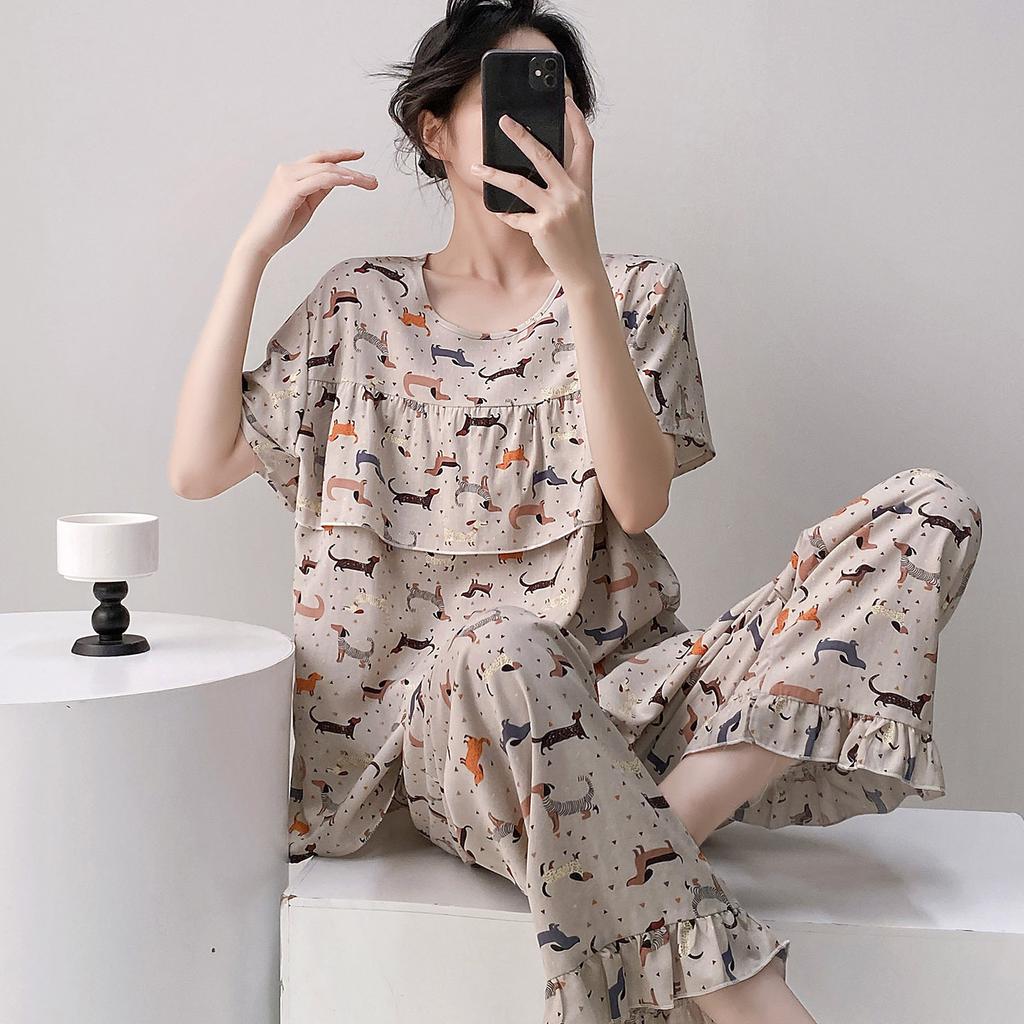 1011 new cotton and silk pajamas women's summer thin short-sleeved trousers set loose Korean version fresh and anti-bumping home