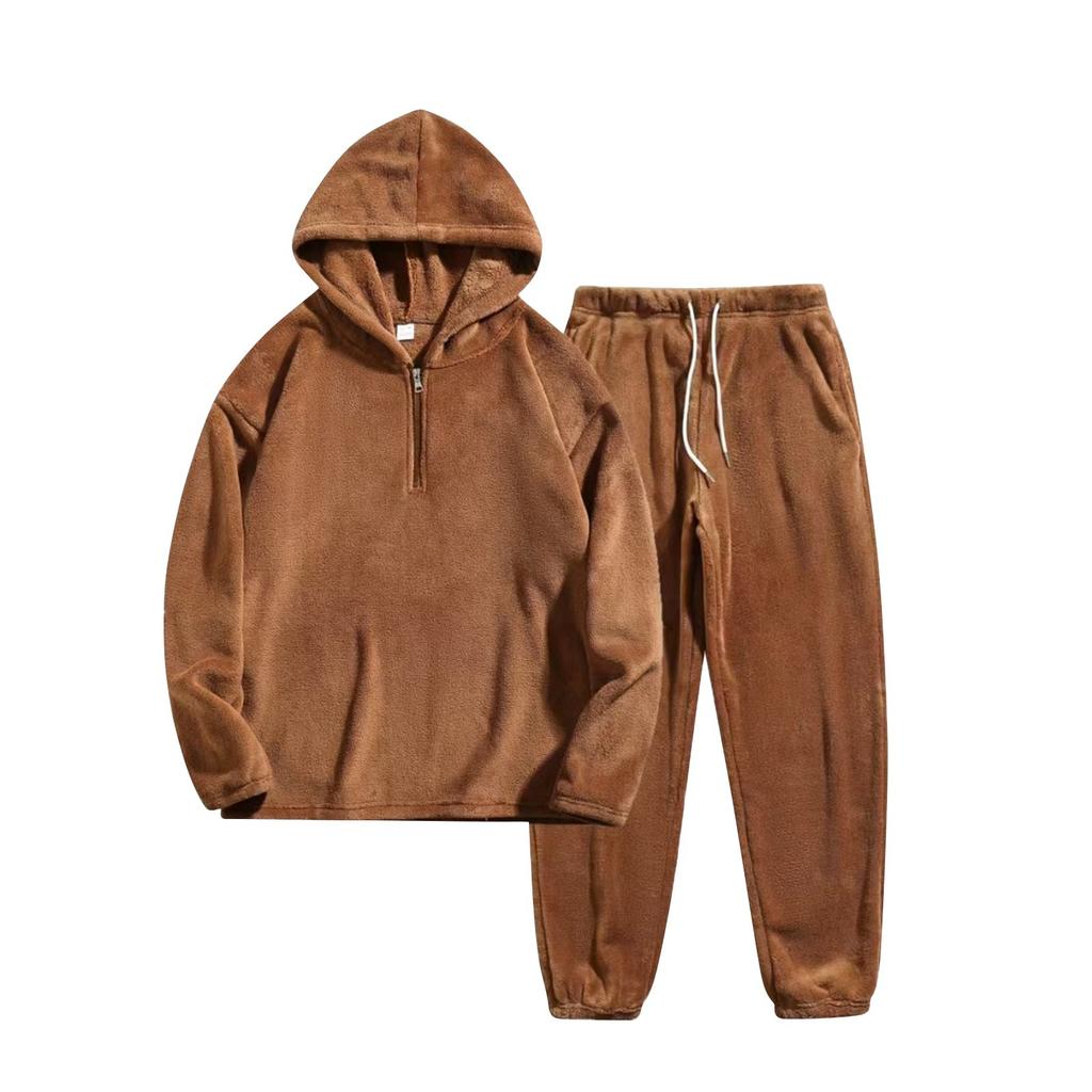 Men's Winter Solid Color Plush Long Sleeve Half Zipper Hooded Sweatshirt And Sweatpants Set