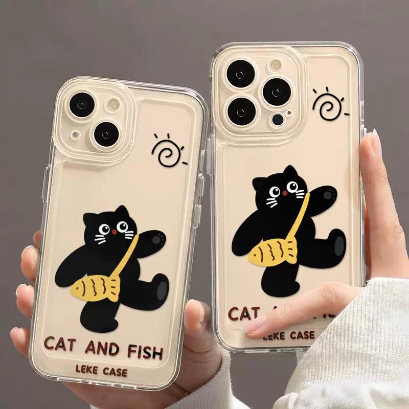 Cute Black Cat & Fish Clear Phone Case, Cartoon Animal Shockproof Cover for iPhone