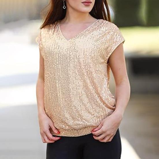 Женская футболка с V-образным вырезом без рукавов, блестящая футболка с пайетками, однотонный свободный пуловер