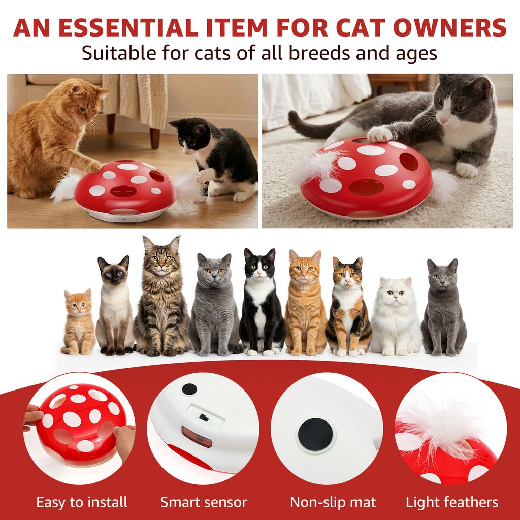 Interactive Cat Toy Rechargeable Auto Feather Pop Up Play Toy Cute Mushroom Shape Electric Kitten Toy Pet Supplies for Indoor