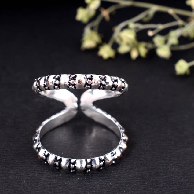 Handmade Oxidized Silver Double Band Ring – Adjustable Tribal Textured Splint Ring, Boho Vintage Statement Jewelry for Men & Women