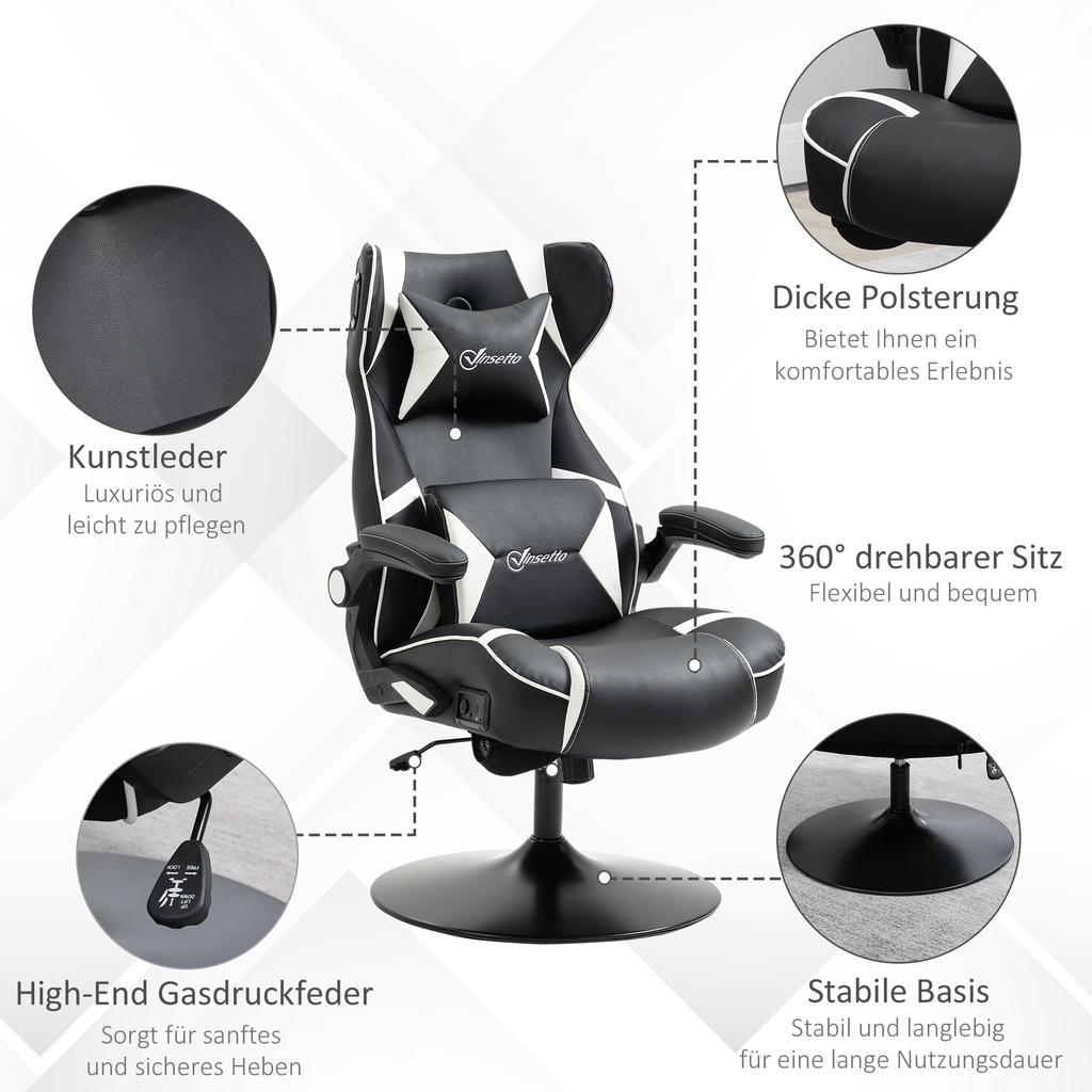 Gaming Chair, Gaming Seat, Integrated Speakers, Reclining Backrest, Black+White, 69 x 73 x 118cm