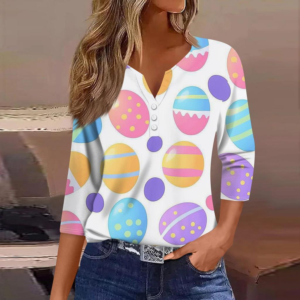 Жен. Футболка Футболка С принтом Пуговицы Рукав 3/4 Повседневные Выходные Мода Классический V-образный вырез Обычный Топ
