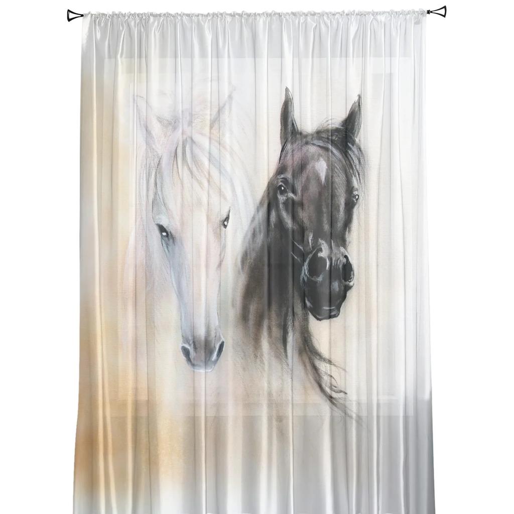 Black White Horse Watercolor Painting Tulle Sheer Window Curtains for Living Room Kitchen Children Bedroom Voile Hanging Curtain