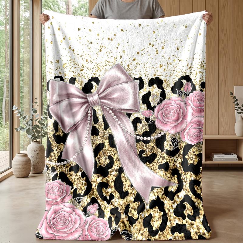 Gold Glitter Leopard Roses Theme blanket Lightweight Warm Flannel Blanket Decorative Throw Blanket for Home Decoration