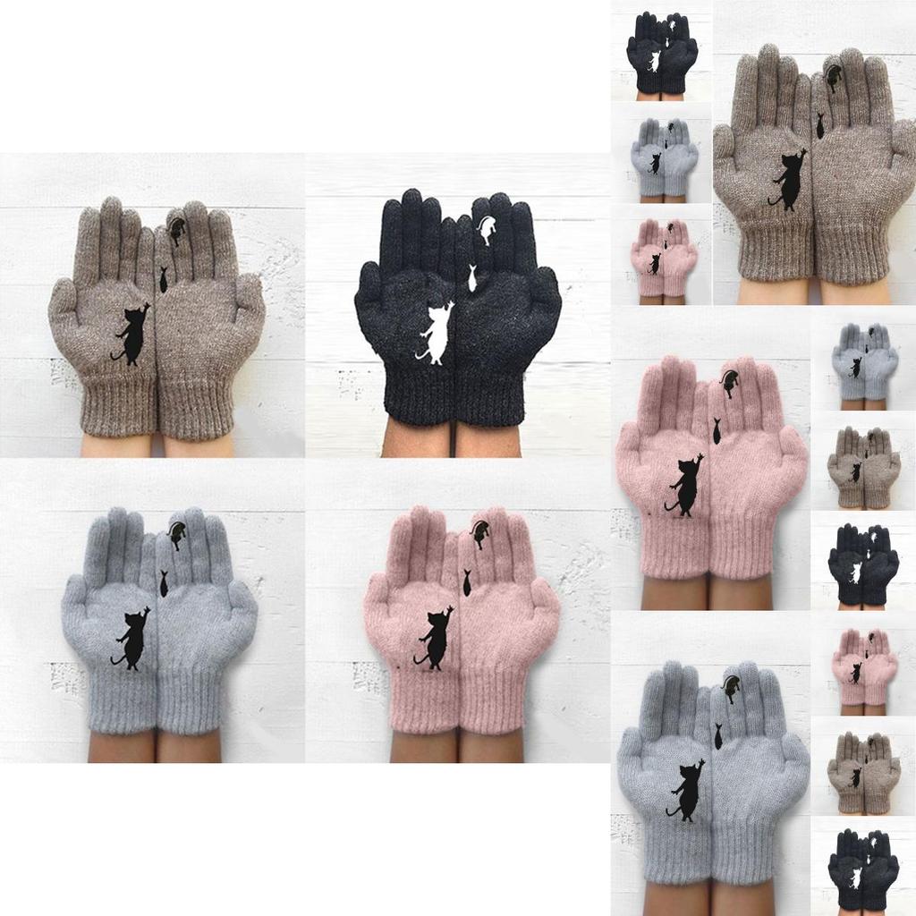Женские модные вязаные перчатки с принтом кошки и рыбы, теплые варежки с полными пальцами