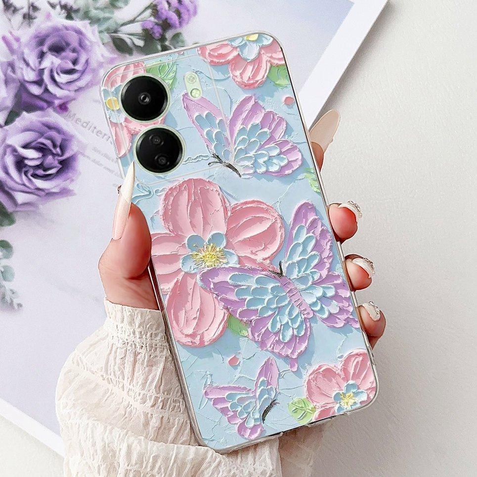 For Xiaomi Redmi 13C 5G 4G  Back Bumper Redmi 13 4G Colorful Butterfly Flower Painting Phone Case Transparent Soft TPU Silicone