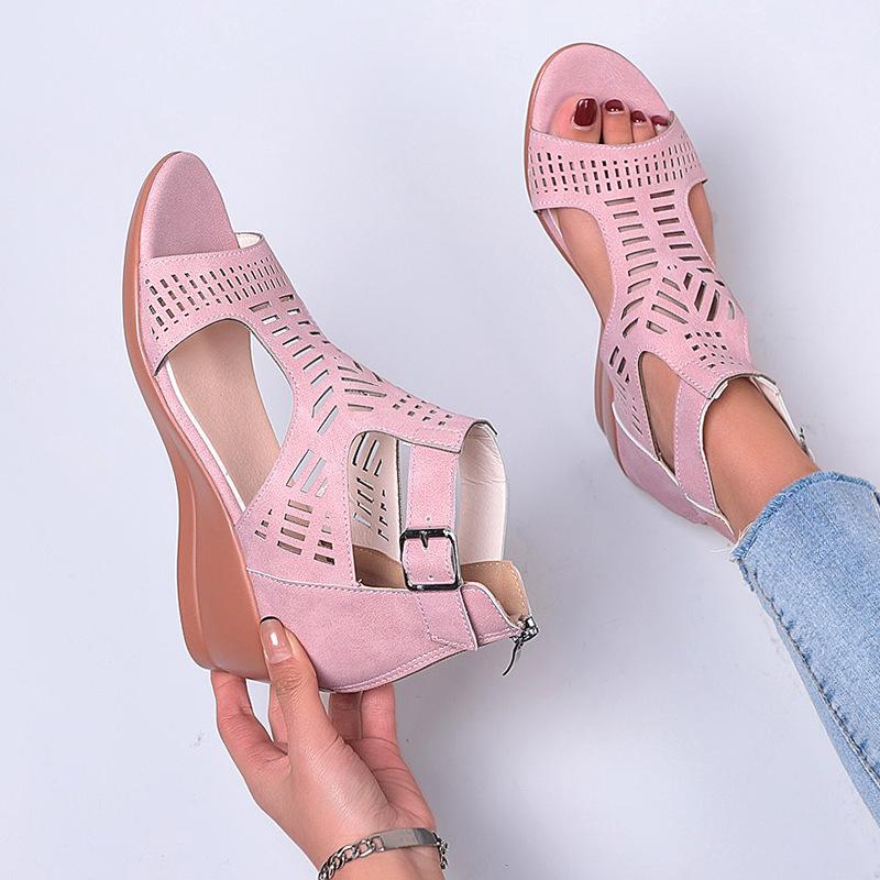 Летние женские босоножки на танкетке с открытым носком, модные однотонные женские босоножки с пряжкой и ремешком, римские сандалии на платформе