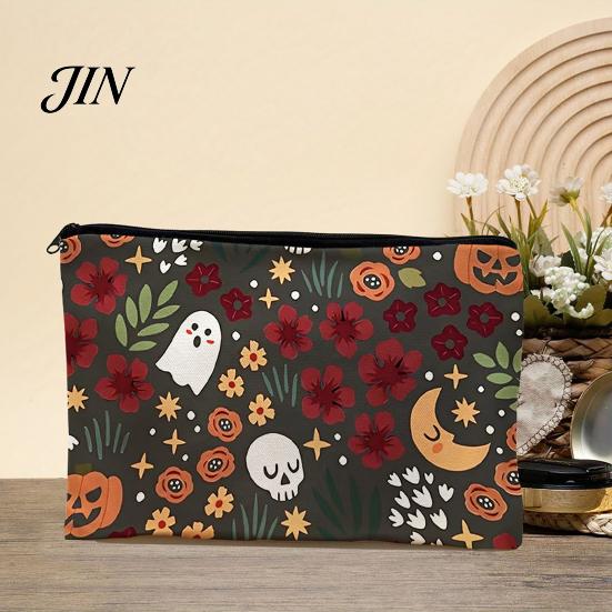 Thick Fabric Storage Bag Bag, with Halloween Pattern Printed, Smooth Zipper Themed Organizer Canvas Makeup Large Capacity Travel Cosmetic Pouch