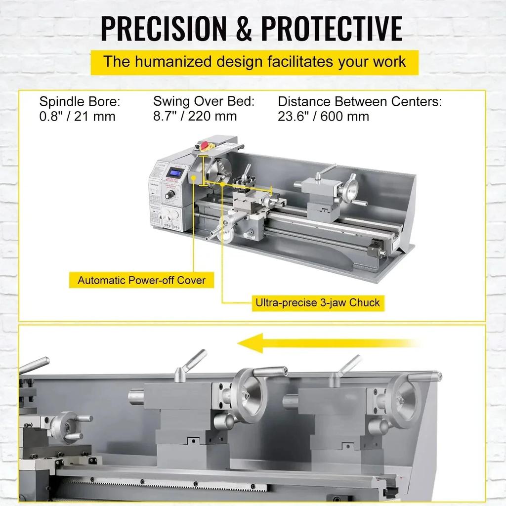 Мини-токарный станок 1100 Вт Мини-токарный станок по металлу Шпиндель 38 мм 3-кулачковый патрон 220x600 мм