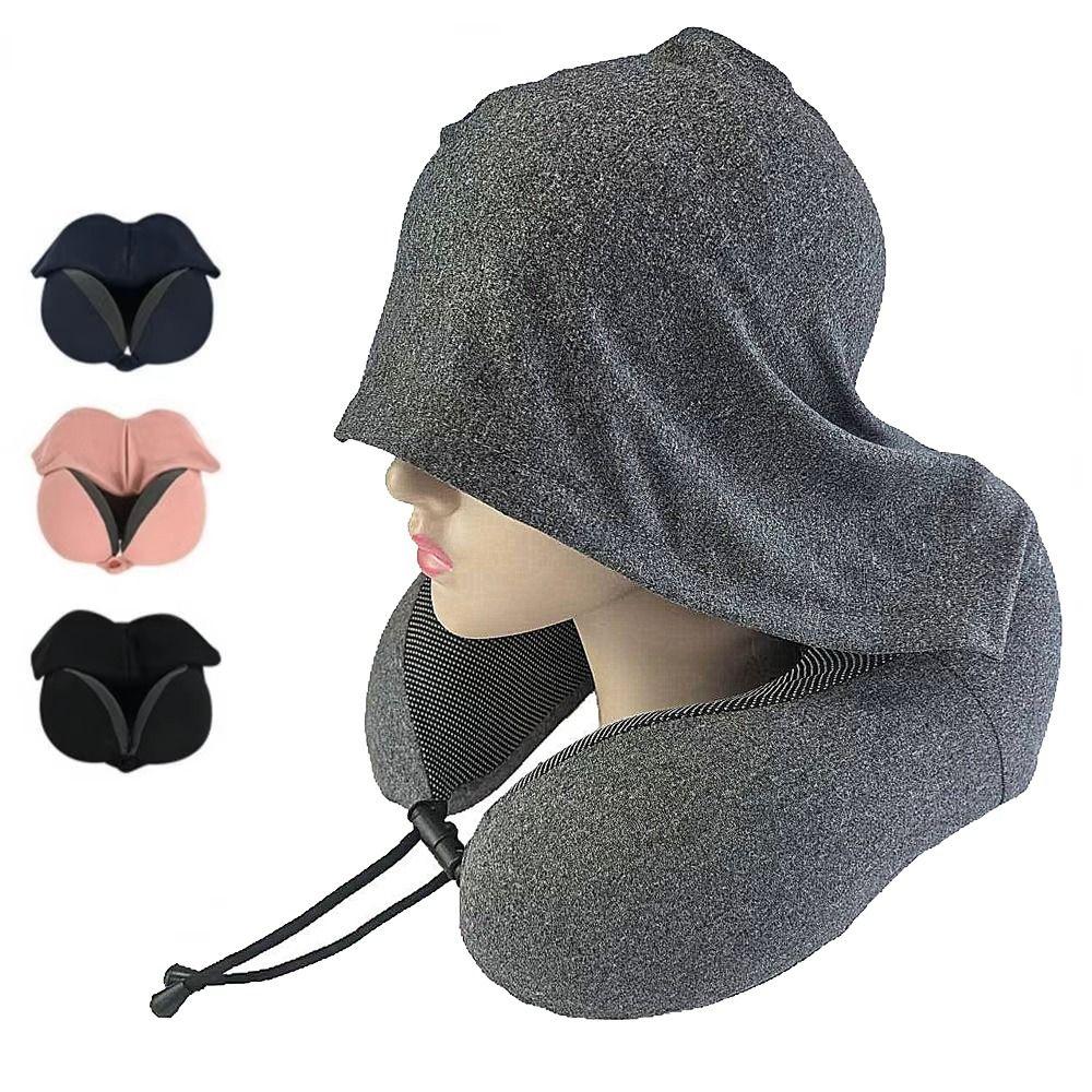 Washable Cover U-shaped Pillow with Cap Removable Car Neck Cushion Outdoor Travel