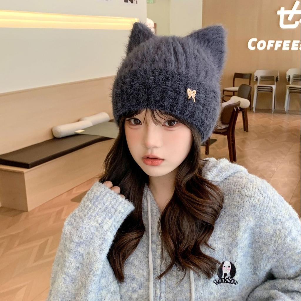 Новая осенне-зимняя симпатичная утолщенная шапка для защиты ушей с кошачьими ушками, женская зимняя защитная от холода, теплая шерстяная шапка для маленького лица