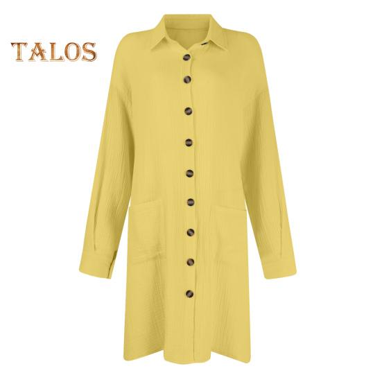 Платье женское осень-весна с отложным воротником, свободные длинные рукава, однобортное, однотонное, рубашечного типа, OL, миди-платье для поездок на работу