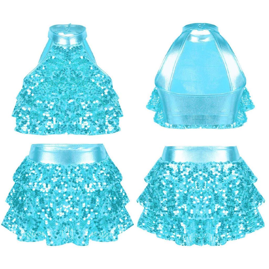 Детское платье без рукавов с вырезом на спине и блестками для джазовых латинских танцев, укороченный топ с лямкой на бретельках и юбкой, танцевальный наряд