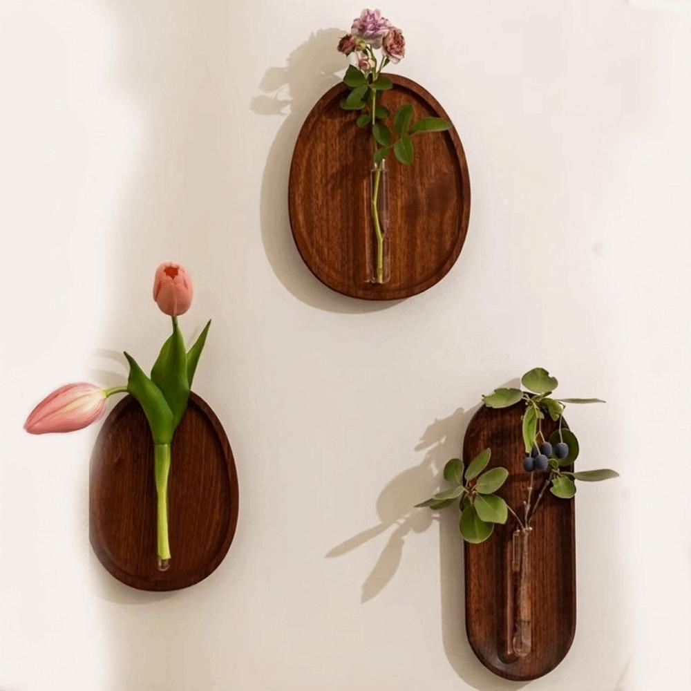 Minimalist Wall Hydroponic Vase Solid Wood Oval Tube Wall Vase Hanging Plant Panel Home Decor