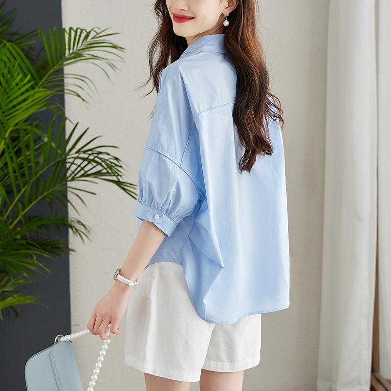 Blue Shirt Women's Middle Sleeves Summer New Loose and Thin Casual Pure Cotton Shirt