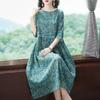 Lady Dress Flower Print Pleated A-line Big Hem Half Sleeves Round Neck Mid Waist Plus Size Mid-calf Length Dating Commuting Midi Dress