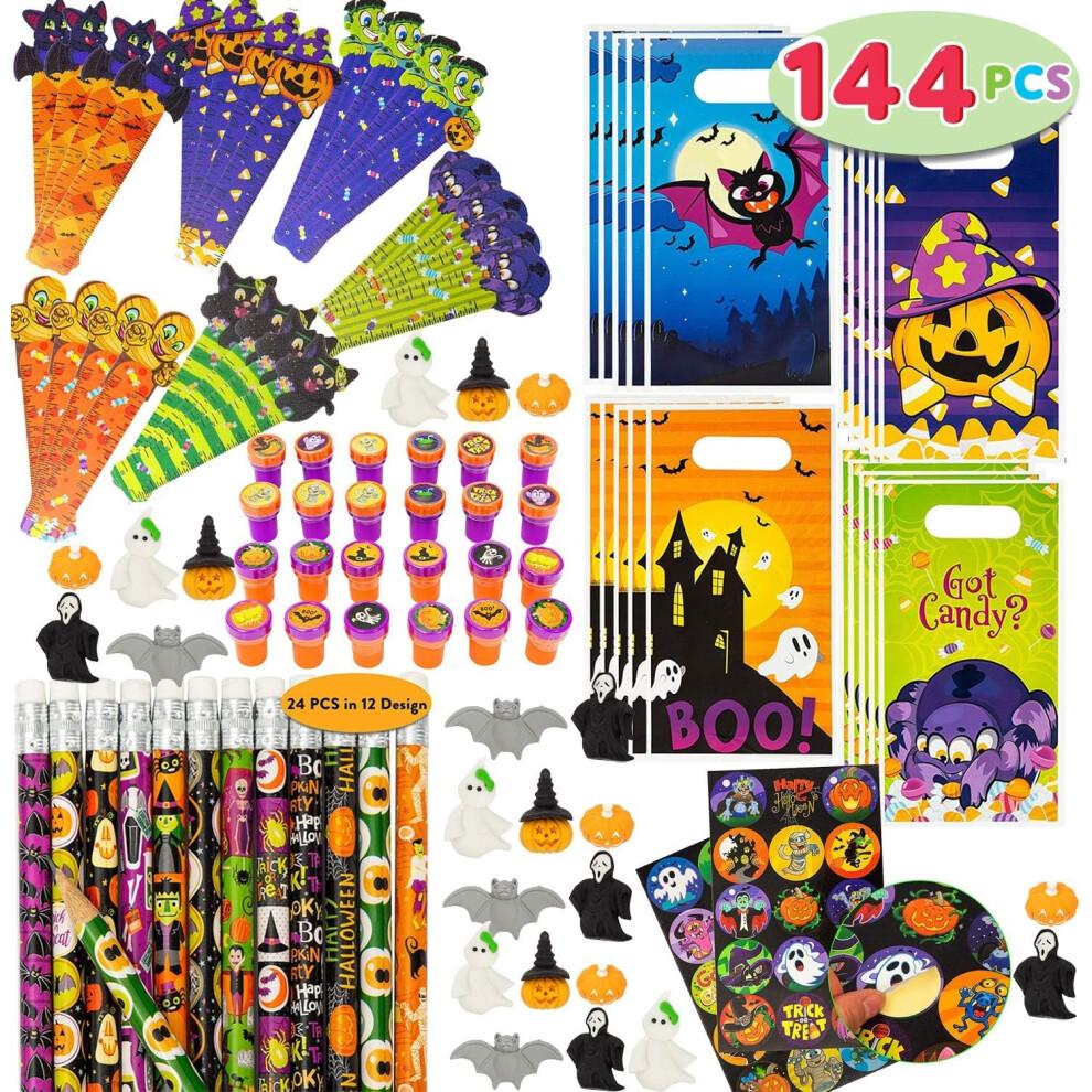 144 Pieces 24 Pack Assorted Halloween Themed Stationery Kids Gift Set Trick Treat Price Party Favor Toy Including Halloween Pencils, Rulers, Stickers,